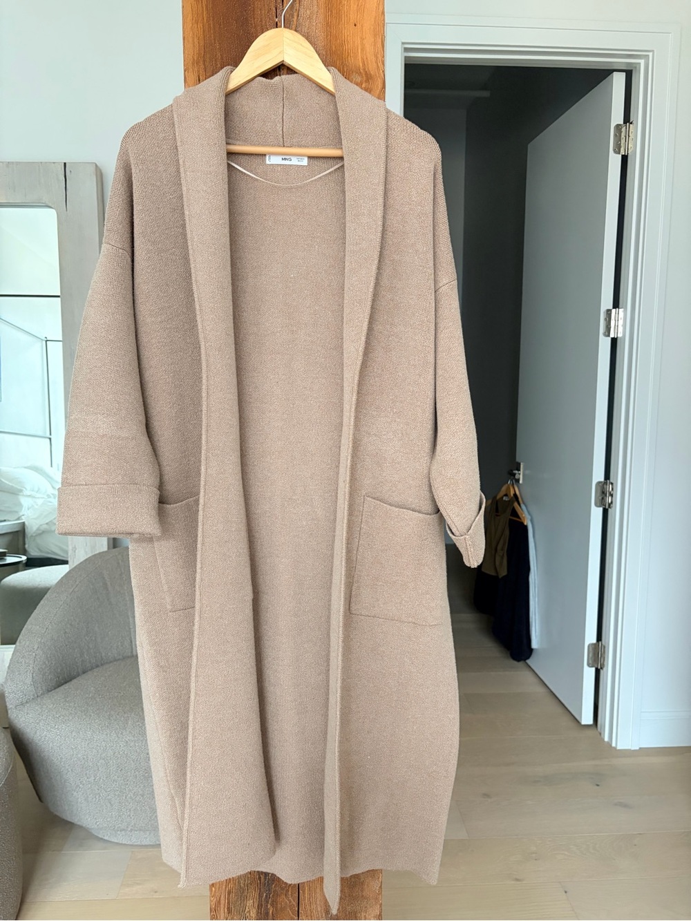 Mango Long Open-Front Knit Cardigan - Taupe